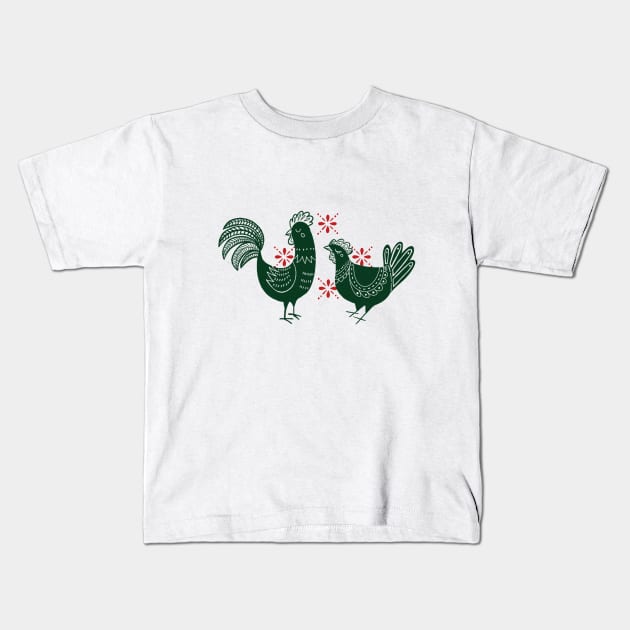 Chickens and Rooster - Green and Red Kids T-Shirt by BeanstalkPrints